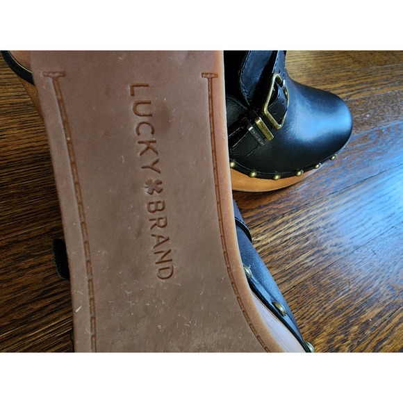 Lucky Brand Leather Wedge Clog Mules Black Studded Buckle Leather 9.5 - Picture 15 of 16